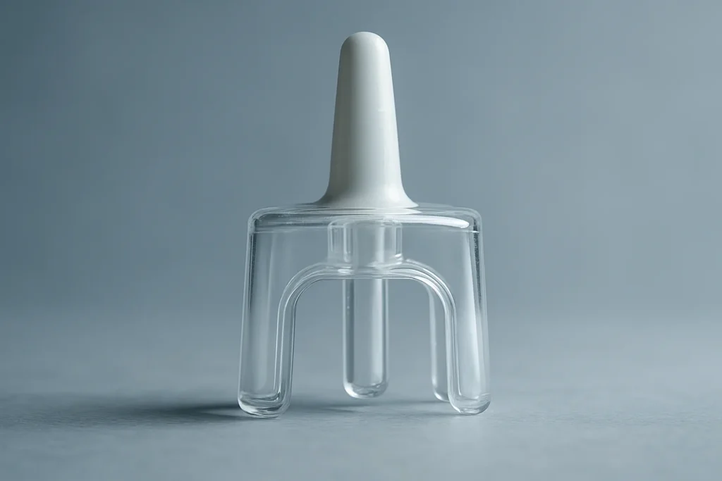 Close-up of a single clear naloxone nasal spray on a neutral background, realistic medical photography, sharp focus, soft natural lighting, shallow de...
